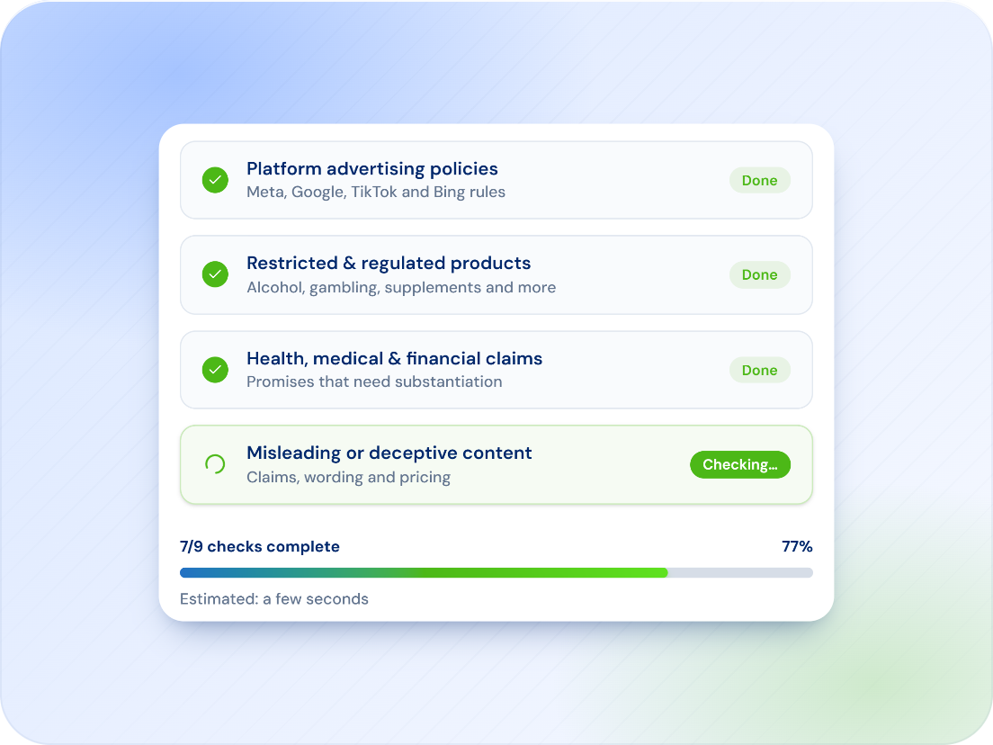The compliance scan in progress: 7 of 9 checks complete, with platform policies, restricted products and health and financial claims done and misleading content being checked