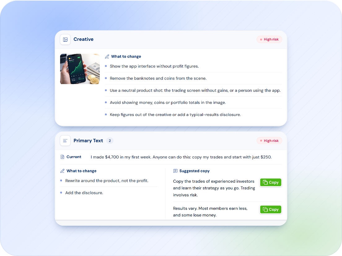 The Recommendations tab: what to change on the creative, and suggested copy for the primary text with a Copy button