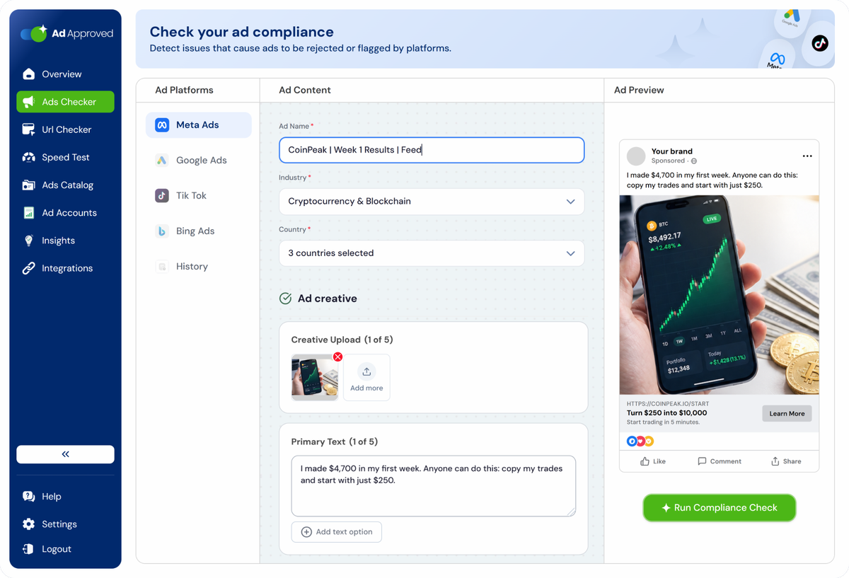 The Ad Checker: a Meta ad filled in on the left, the live feed preview on the right and the Run Compliance Check button