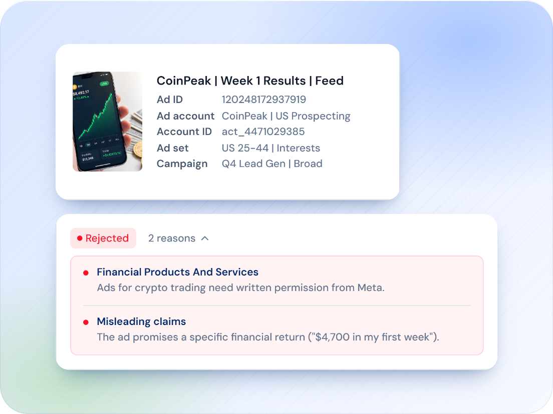 A rejected Meta ad in the Ads Catalog with its 2 rejection reasons: Financial Products And Services and Misleading claims