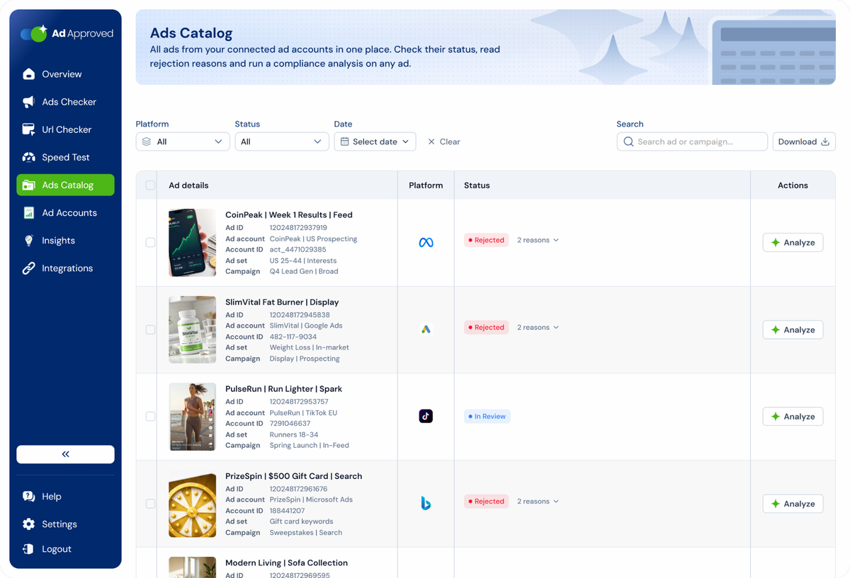 The Ads Catalog: platform, status and date filters, search, and synced Meta, Google, TikTok and Bing ads with their status, the number of rejection reasons and an Analyze button