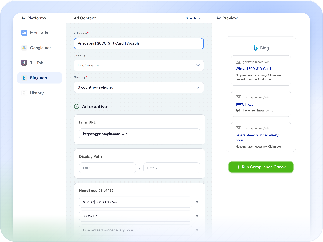 The Bing Search form in the Ad Checker, with headlines, descriptions and the Bing result preview