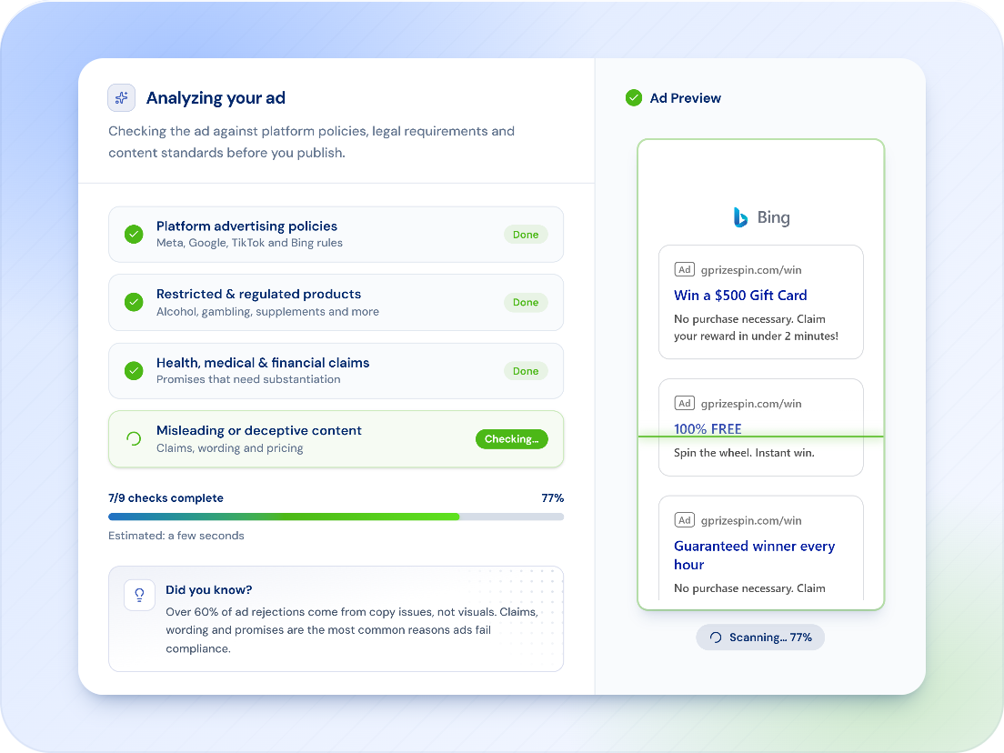 The compliance scan running on a Bing Search ad, with the Bing result preview on the right