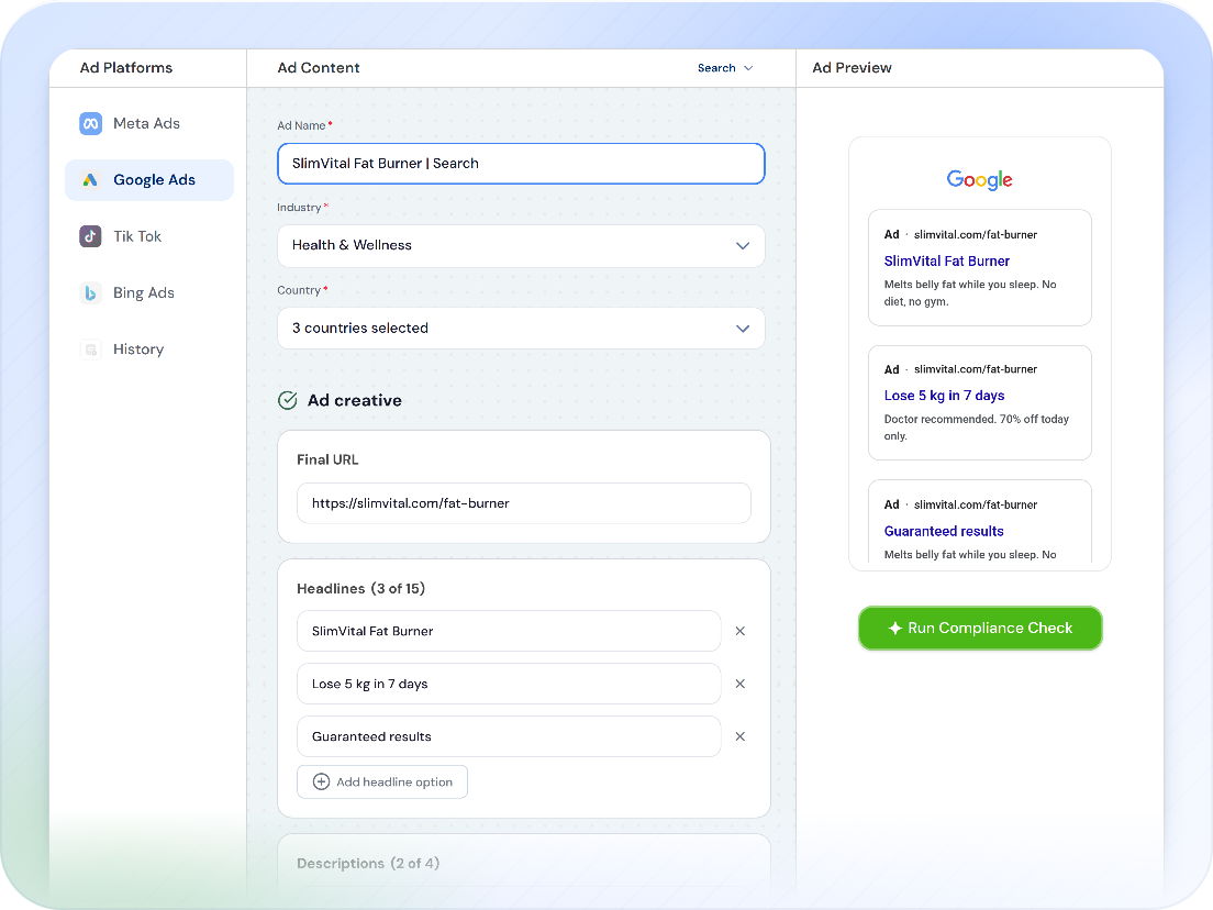 The Google Search form in the Ad Checker, with headlines, descriptions and the search result preview