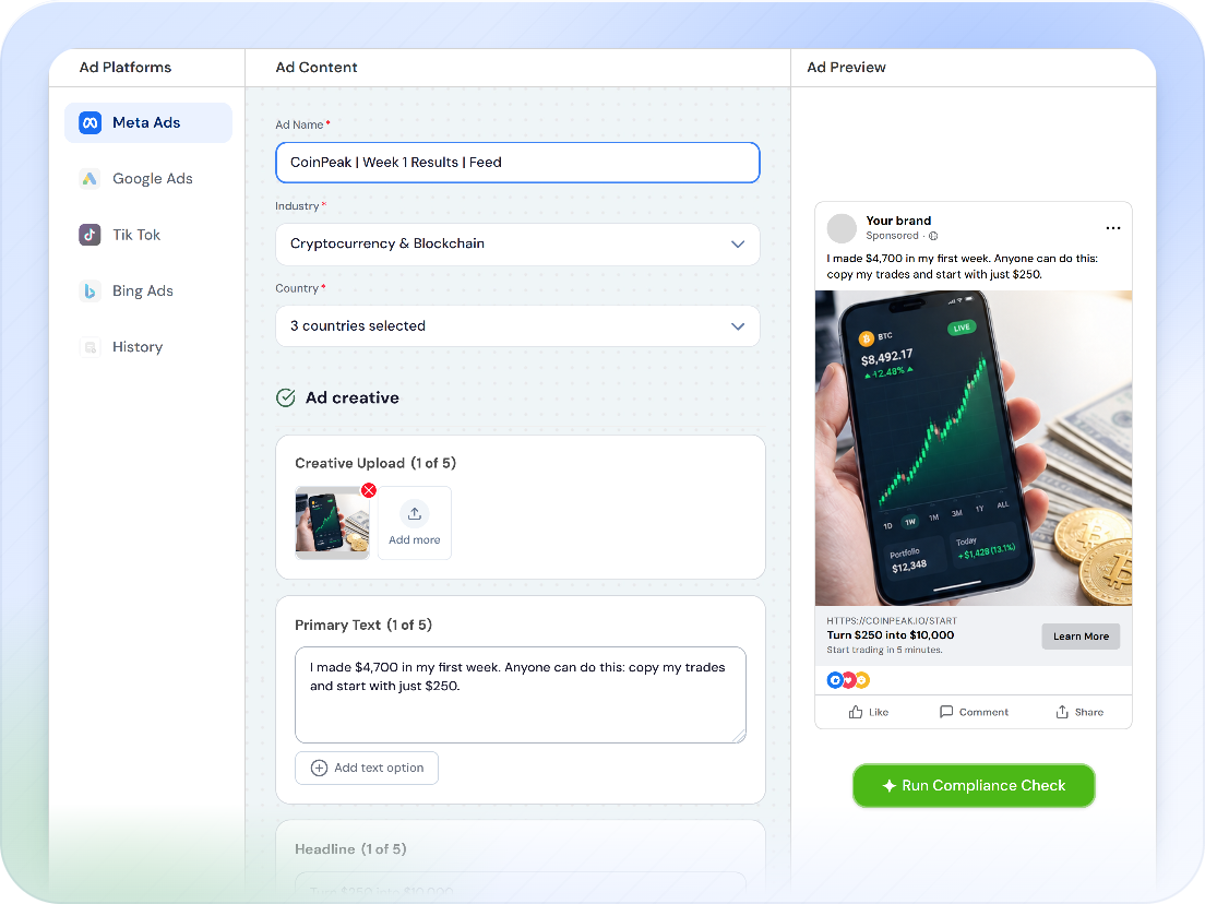 The Meta form in the Ad Checker, with primary text, creative upload and the Facebook feed preview