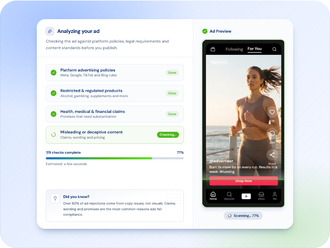 The compliance scan running on a TikTok In-Feed ad, with the vertical video preview on the right