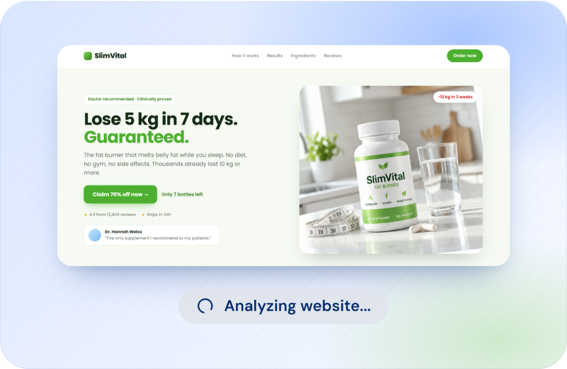 The landing page loaded in a real browser while the URL Checker analyzes it