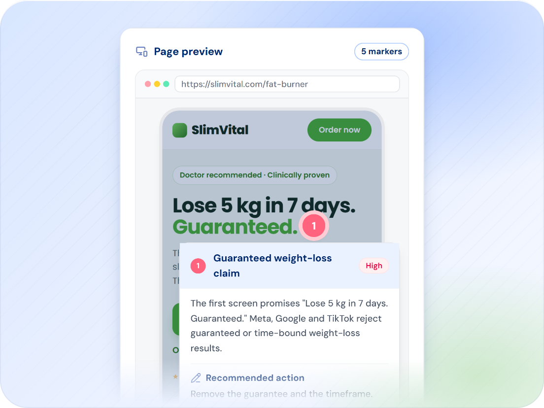 URL Checker page preview on mobile with marker 1 pinned to the headline claim and a popup naming the violation, its high risk and the platforms that reject it